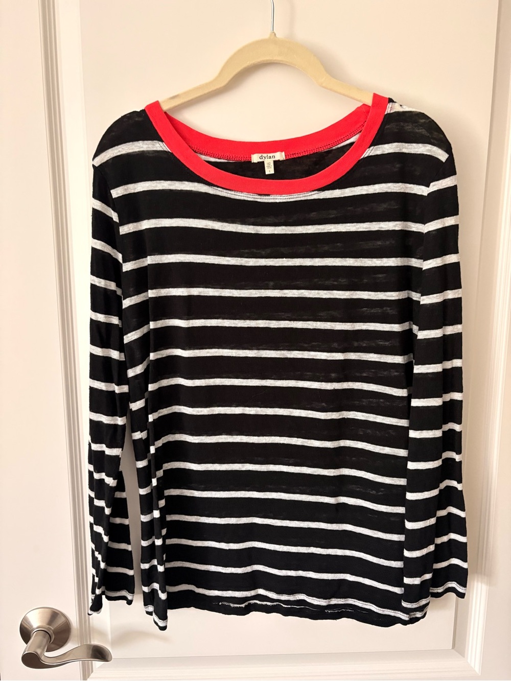 dylan Black & White Striped Long Sleeve Top with Red Neckline
